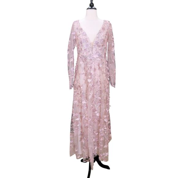Mac Duggal 70224 Pink Floral Applique Long Sleeve Illusion Gown 10 - Picture 3 of 10